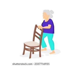 Side view of one elderly woman is standing by holding brown chair to exercise in home .Vector illustration isolate flat design of healthy old age-man grasp the chair by hands workout bending her knee.