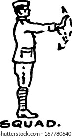 Side view of the one of the member of squad, Squad is a small number of soldiers assembled for drill, vintage line drawing or engraving illustration.