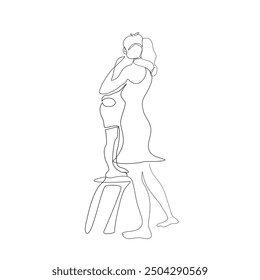 Side view of one young beautiful mother and her child who stand on chair are hugging together in single line drawing style.Vector isolate flat continue line design of Mother’s Day or Children’s day