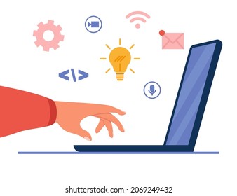 Side view of open laptop with hand keyboarding. Different computers apps images on background. Millennials at work flat vector illustration. Modern technologies, startup industry concept