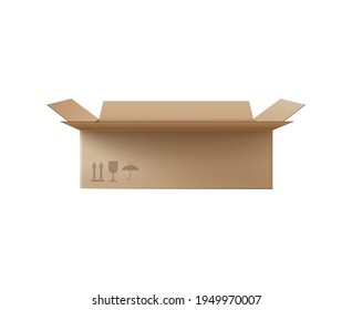 Side view of open recycling brown carton box, realistic vector mockup illustration isolated on white background. Cardboard parcel package or container 3d template.