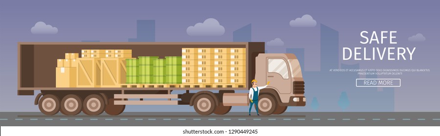 Side View of Open Safe Delivery Warehouse Truck. Storage Shipping Van Full of Cardboard and Wooden Box, Green Barrel on Tray. Worker in Uniform Standing Infront. Flat Cartoon Vector Illustration