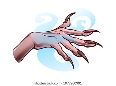 Side view of open witch hand with long sharp nails, cast a spell hand posture. Vector cartoon illustration