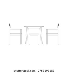Side view outline of a dining set including dining table, four armchairs, and two stools emphasizing furniture profile and structural proportions.