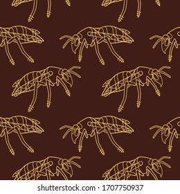 Side view outline style wasp seamless pattern. Decoration for greeting card, wrapper and textile. Brown background, vector.