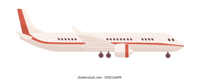 Side view of passenger airplane or aircraft with undercarriage. Profile of air plane isolated on white background. Flat cartoon vector illustration of aeroplane with portholes, wings and engines
