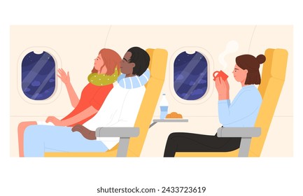Side view of passengers on plane. Travelling people with airplane cartoon vector illustration