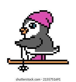 Side view penguin skiing, cute pixel art animal character isolated on white background. Old school retro 80's, 90's 8 bit slot machine, computer, video game graphics. Cartoon winter sport mascot.