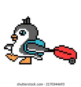 Side View Penguin Tourist Walking With A Backpack And Rolling Luggage, Pixel Art Character On White. Retro 80s, 90s 8 Bit Slot Machine, Video Game Graphics. Cartoon Travel Mascot. Vacation Trip Logo.