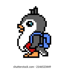 Side view penguin wearing a backpack and holding a textbook, pixel art school student character isolated on white background. Old school 80s, 90s 8 bit slot machine, computer, video game graphics.