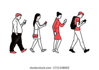 Side view of people walking while looking at mobile phone screen - cartoon smartphone user group holding gadgets and walking in one line. Flat isolated set vector illustration.