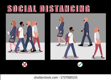 Side View People Wearing Mask And Walking On Street. Office Person Go Back To Work After Lockdown Due To Coronavirus (covid-19). New Normal And Social Distancing Concept. Flat Vector Illustration.