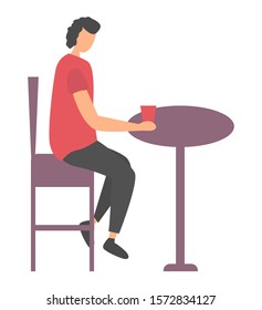 Side view of person character sitting at table, female holding cup, woman in casual clothes, disco club or cafe element, human drinking, leisure vector