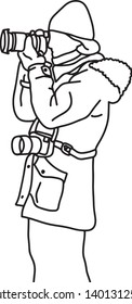 side view of photographer taking photo in winter vector illustration sketch doodle hand drawn with black lines isolated on white background