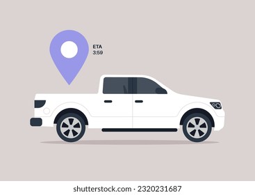A side view of a pickup truck with a navigation pin hovering above