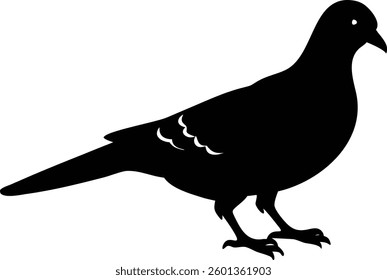Side view of a pigeon rendered as a black silhouette against a white background, standing. Clean vector style, minimalist design.