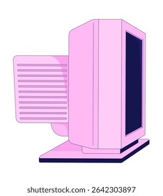 Side view of pink retro CRT monitor screen 2D cartoon object. Y2k 90s computing hardware. Tech nostalgia. Oldschool technology isolated element flat vector clip art on white. Spot illustration