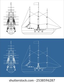 side view pirate ship line vector technical drawing blueprint isolated on transparent background