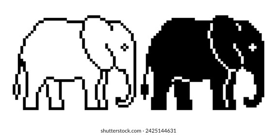 side view pixel art elephant icon set