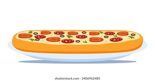 Side view pizza with various ingredients. Whole pizza on plate. Italian pizza. Italian traditional food. Vector illustration