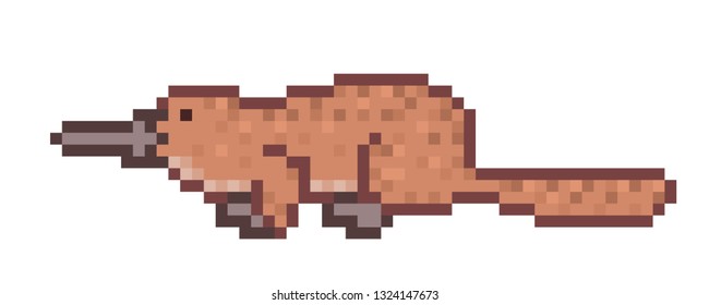 Side view platypus, 8 bit pixel art character isolated on white background. Endemic australian wildlife animal symbol.