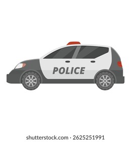 Side view of a police car with flashing lights on, parked on the side of the road