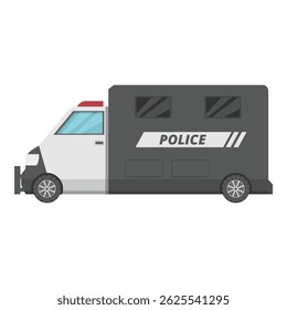 Vista lateral de uma van policial que transporta criminosos ou suspeitos sob custódia