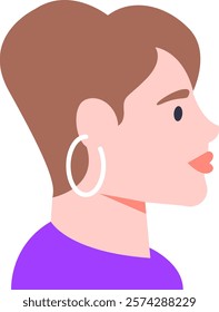 Side view portrait of confident young woman with short brown hair, wearing large hoop earrings and a purple shirt, representing modern style and individuality