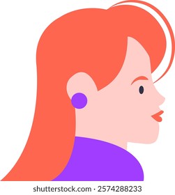 Side view portrait of confident young professional woman with stylish red hair, purple blouse, and earring, exuding professionalism and competence