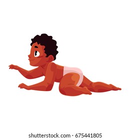 Side view portrait of crawling African American baby in diaper, cartoon vector illustration isolated on white background. 