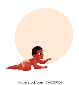 Side view portrait of crawling black, African American baby kid, infant, child in diaper, cartoon vector illustration with space for text. Crawling black, African American baby in diaper