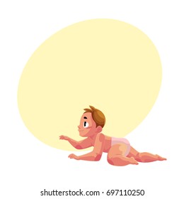 Side view portrait of crawling cute little baby kid, infant, child in diaper, cartoon vector illustration with space for text. Crawling caucasian little kid, baby, infant in diaper