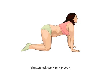 Side view portrait of determined overweight woman working. Doing back kicks on yoga mat. Young fat woman doing gymnastics at the gym
