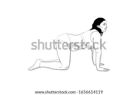 Side view portrait of determined overweight woman working. black line on white background 