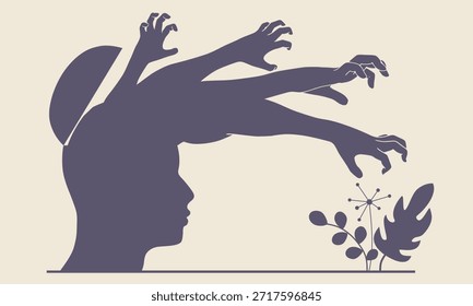 Vista lateral del retrato del hombre en la expresión enojada. Sentimiento exterior. Las manos se salen de la cabeza llegando a las plantas. Sufrimiento interno, trastorno de identidad disociativo. Malas condiciones mentales.