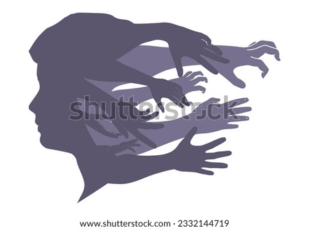 Side view portrait man in angry expression. Outside mood. Hands go out of head. Internally suffering, dissociative identity disorder. Double exposure.