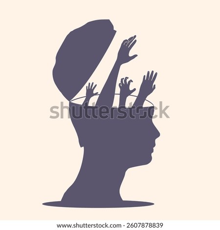 Side view portrait of a man. Outside mood. Hands go out of head. Internally suffering, dissociative identity disorder.
