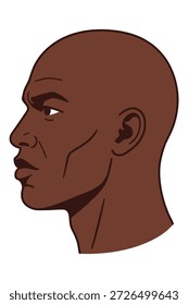 Retrato da cabeça do homem africano careca séria, ilustrações de características faciais fortes