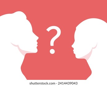 Side view portrait of a woman and girl gazing at each other. Question mark in between. Mom and daughter. Family problems, single parent and different generations issues. Pink backdrop.