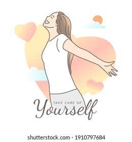 Side view portrait of woman on heart background. Self care, love yourself icon or body positive concept. International Women's day. Hand draw style. Vector illustration.