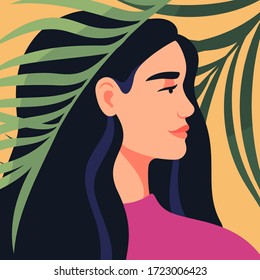 Retrato de vista lateral de una joven caucásica a la sombra de hojas de palma verdes. Concepto unidad naturaleza y pueblo. Ilustración del vector