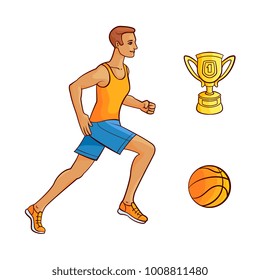 Side view portrait of young running man, athlete, first place cup and basketball ball, sketch vector illustration isolated on white background. Running man, sportsman, golden cup and basketball ball