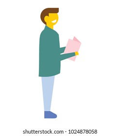 Side view pose of a boy reading book while standing, flat vector icon 