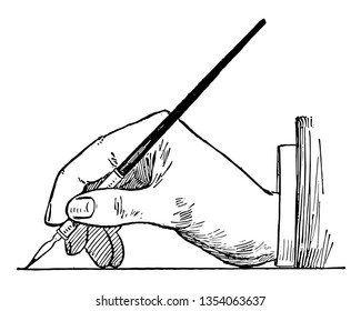 Side View of Position for Lettering Using Pen is motion and a slight uniform pressure on the paper, vintage line drawing or engraving illustration.