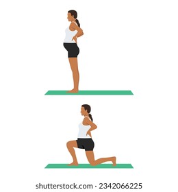 Side view of pregnant woman doing reverse lunges. prenatal fitness. Flat vector illustration isolated on white background