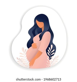 Side view of pregnant woman, pregnancy concept in trendy paper cut craft graphic style. Modern abstract design of motherhood poster, banner. Vector illustration isolated on white background.