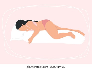 Side view of pregnant woman sleeping on pink background. svg