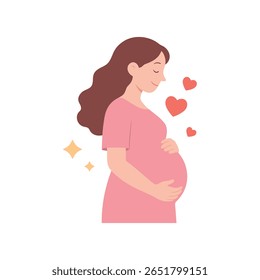 Side view of a pregnant woman smiling with hands on belly. Expectant mother. Happy pregnancy, maternity and motherhood concept. Future mom vector illustration isolated on white background.