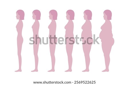 Side view profile. Standing woman's body losing weight. Comparison of weight changes. Full-length female body with different obesity.