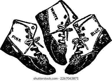 Side View Profile of Three Boot Illustrations In Woodcut Style, Illustration drawn in engraved etching style with halftones and linework. Antique shoe from early 1900s. Retro sketch.